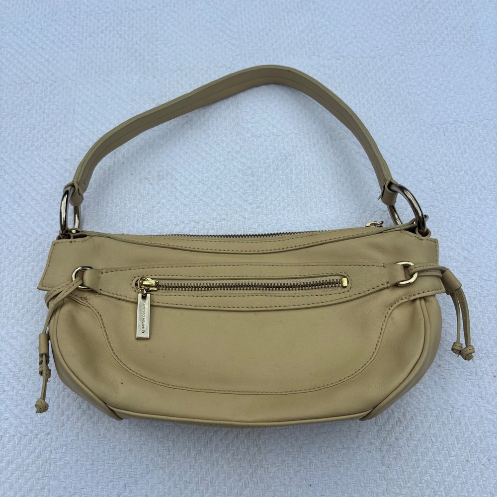 Vintage 90's Y2K ANTONIO MELANI Tan Leather Small Zip‎ Chunky Shoulder Bag Purse
